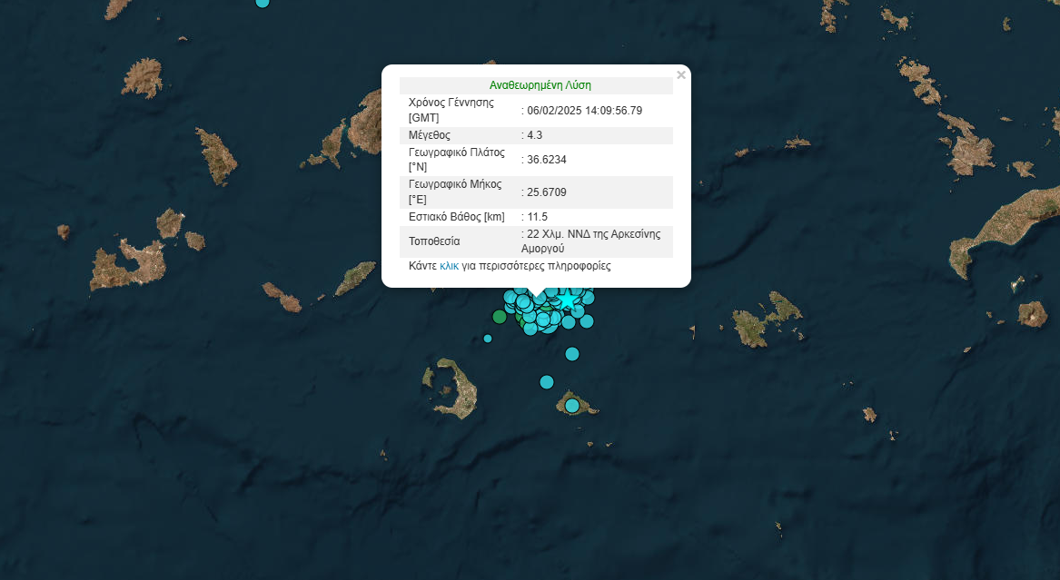 Νέος σεισμός 4,3 Ρίχτερ κοντά στην Αρκεσίνη Αμοργού